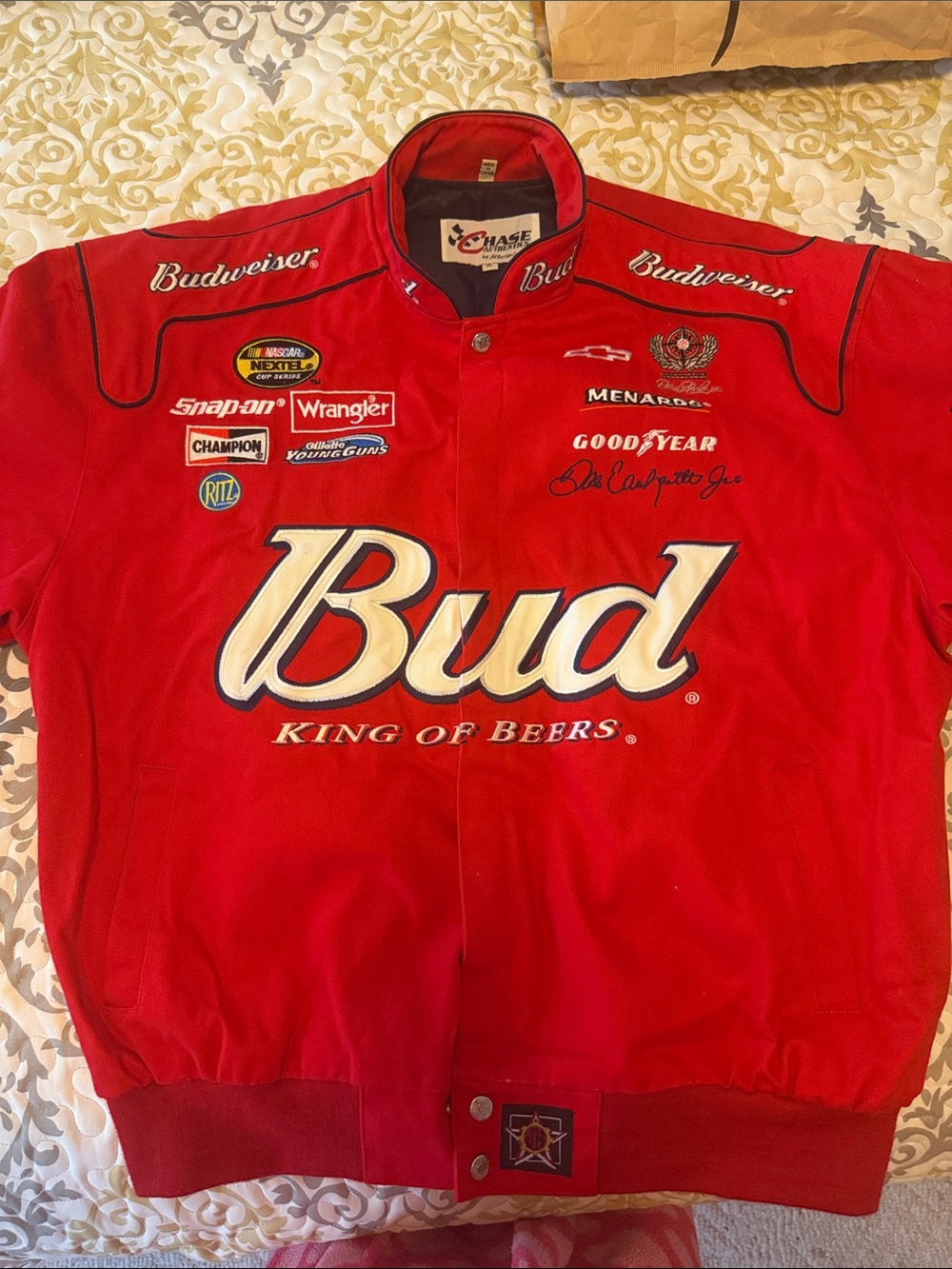 Dale Earnhart Jr.  Budweiser Red Logo Bomber Jacket with White Accents